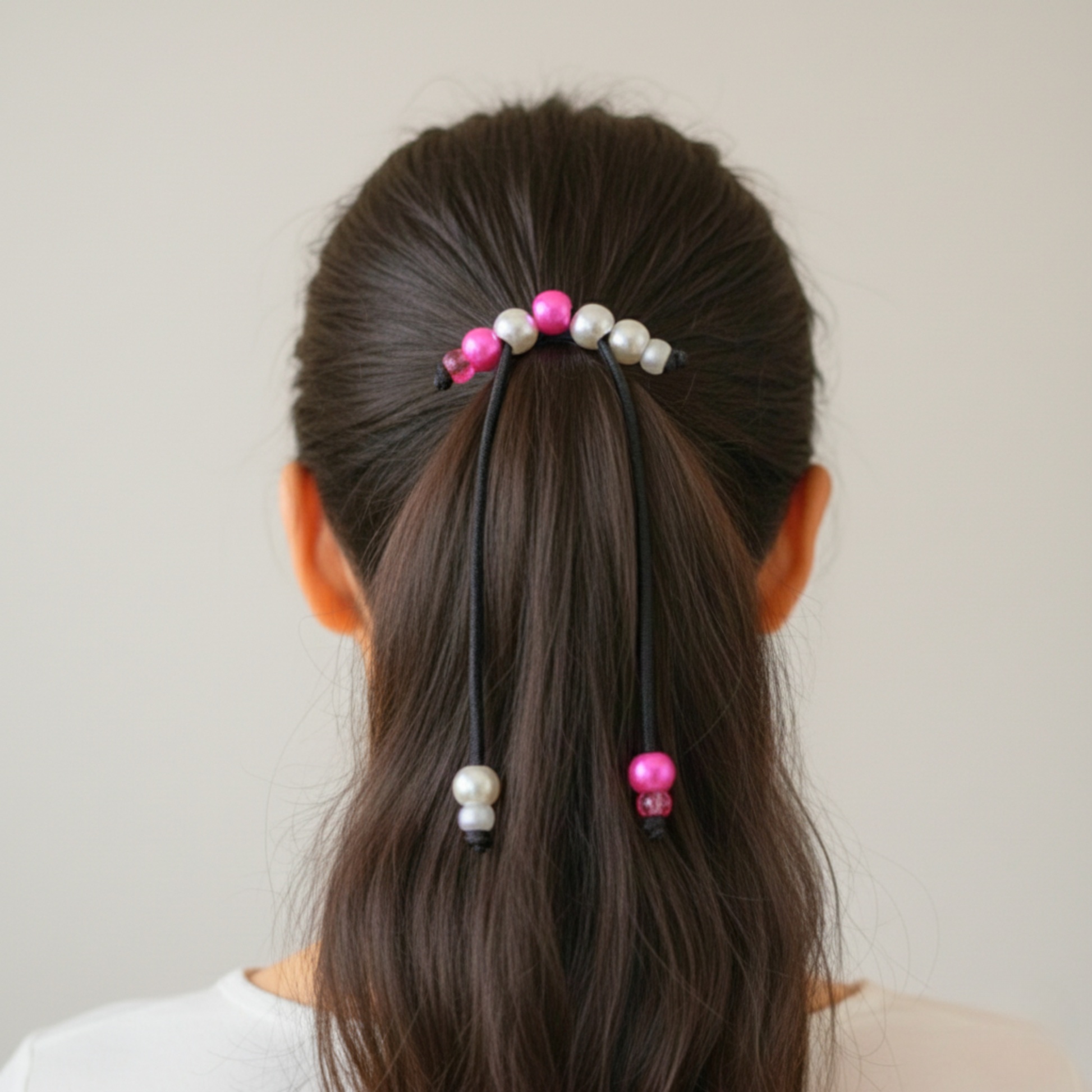 Person with a ponytail decorated with colorful hair ties against a plain background