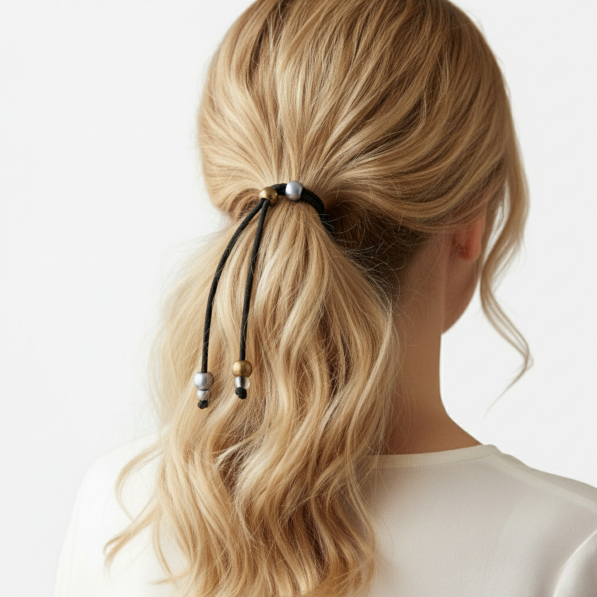 Blonde hair styled in a ponytail with decorative beads against a light background