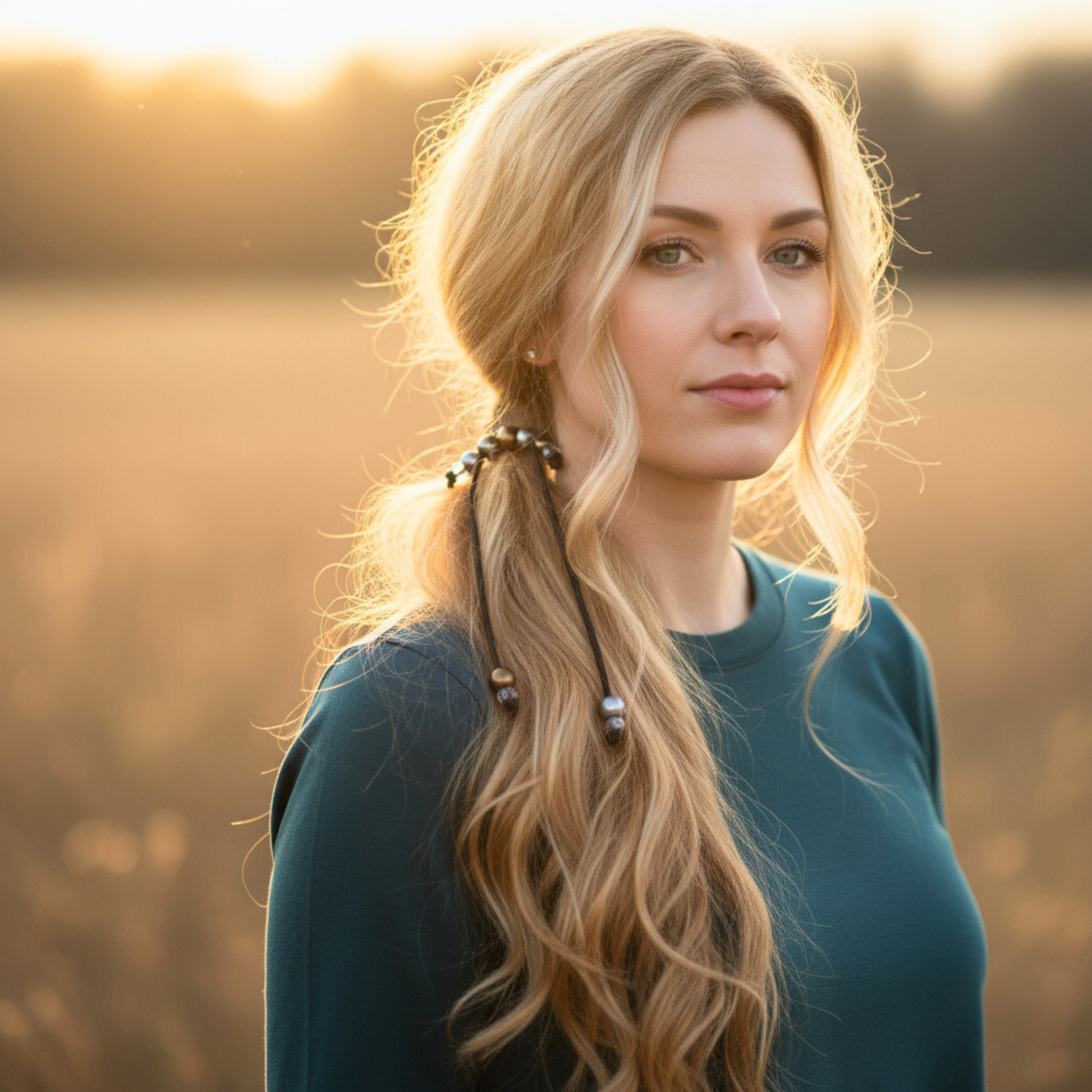 Woman with long blonde hair in a field during sunset