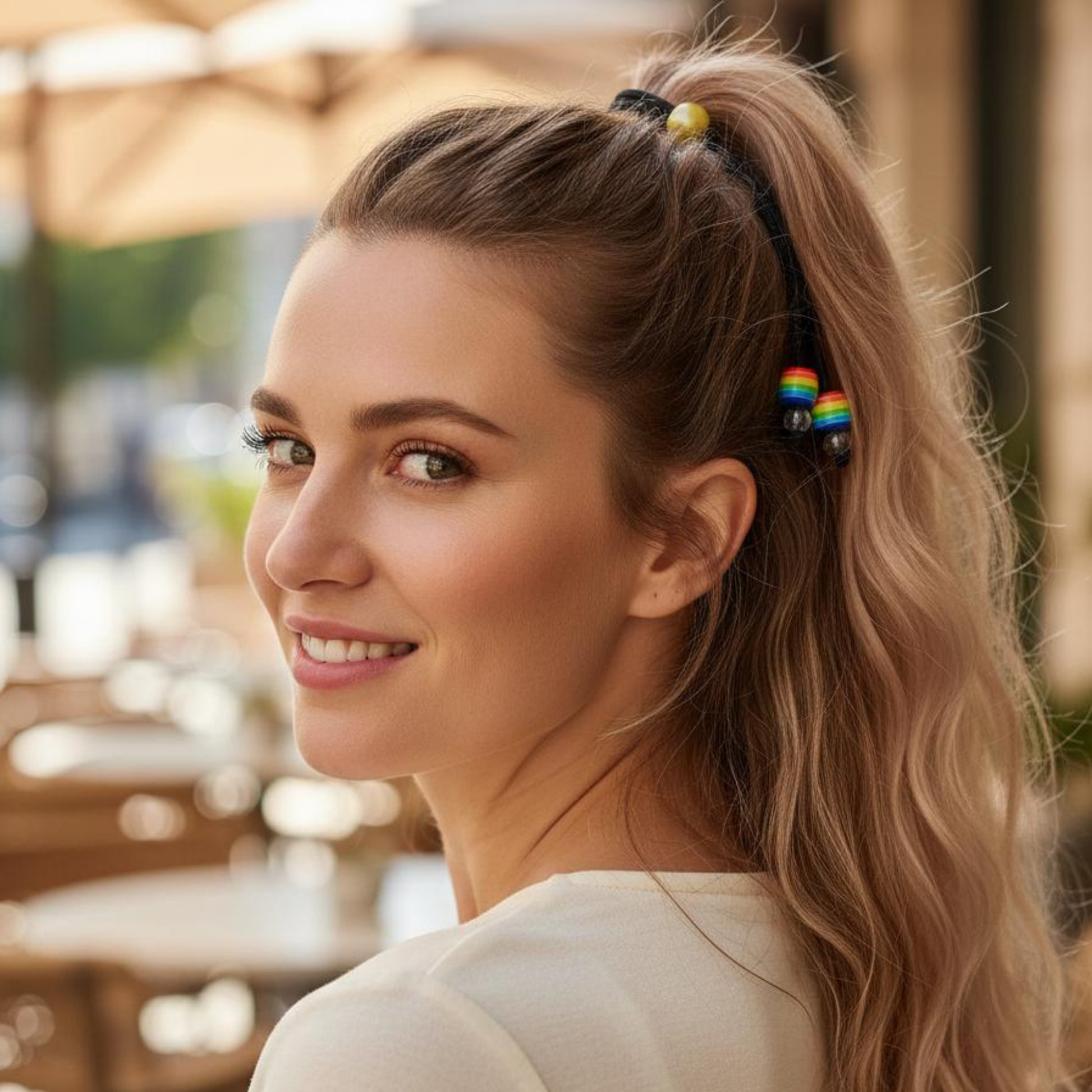 Woman with a ponytail wearing rainbow hair ties in an outdoor setting