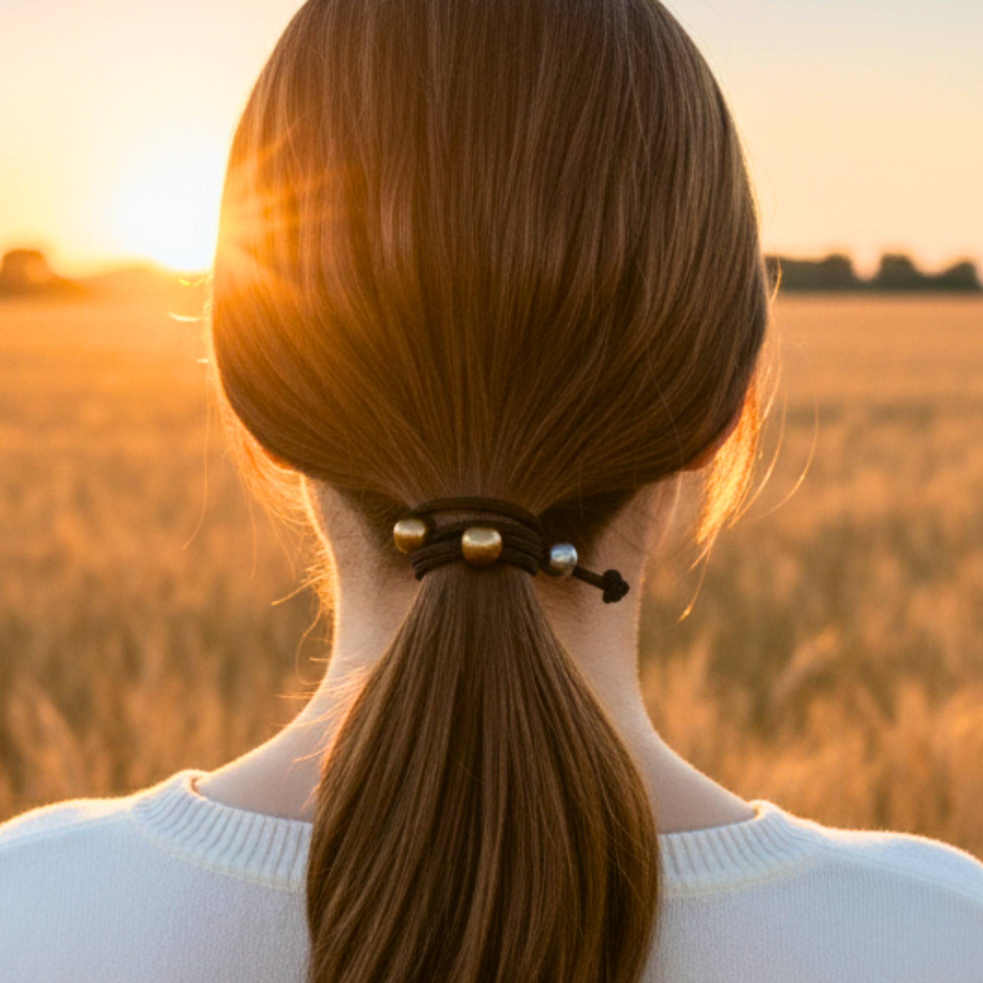 Person with a ponytail standing in a field at sunset