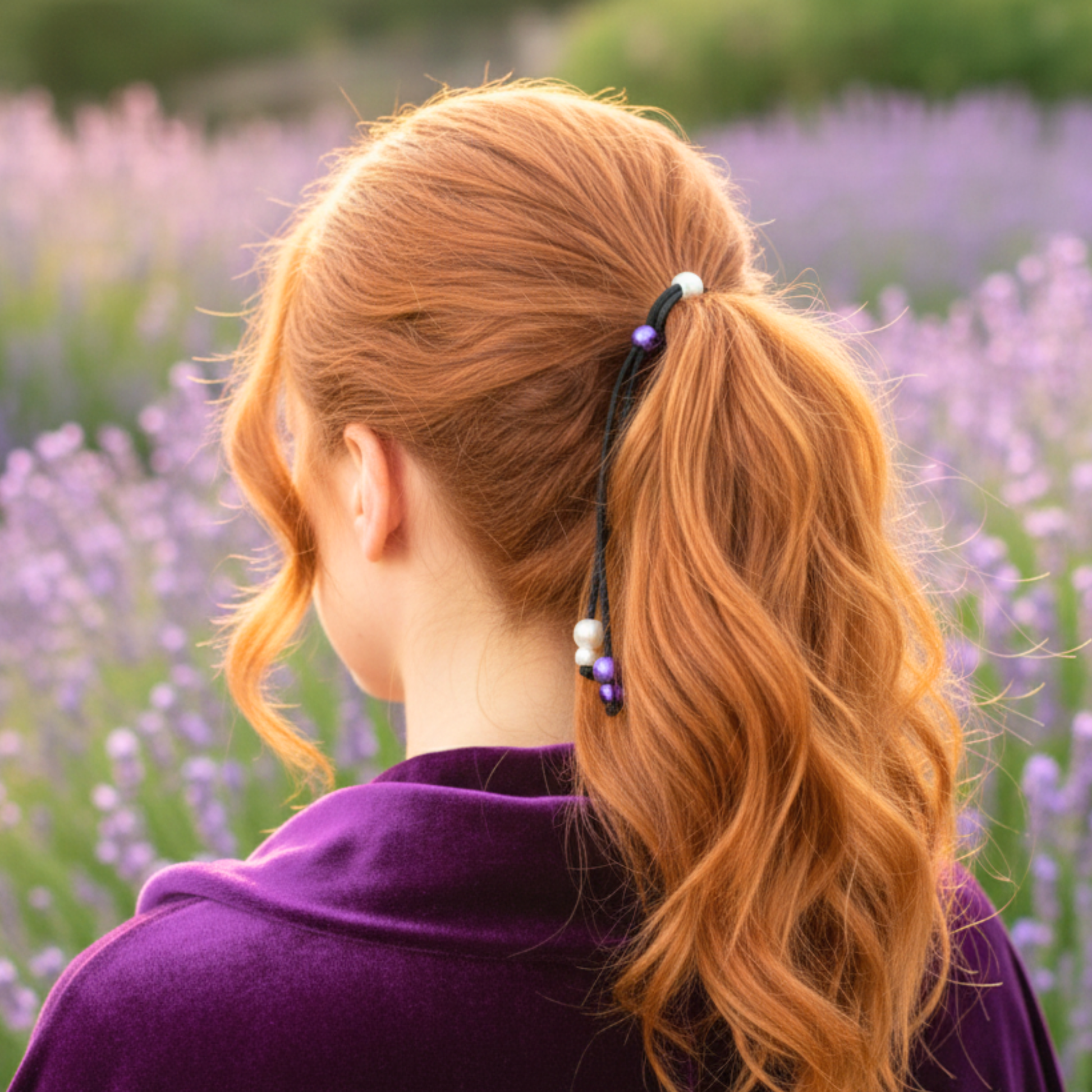 Person with red hair in a ponytail standing in a lavender field
